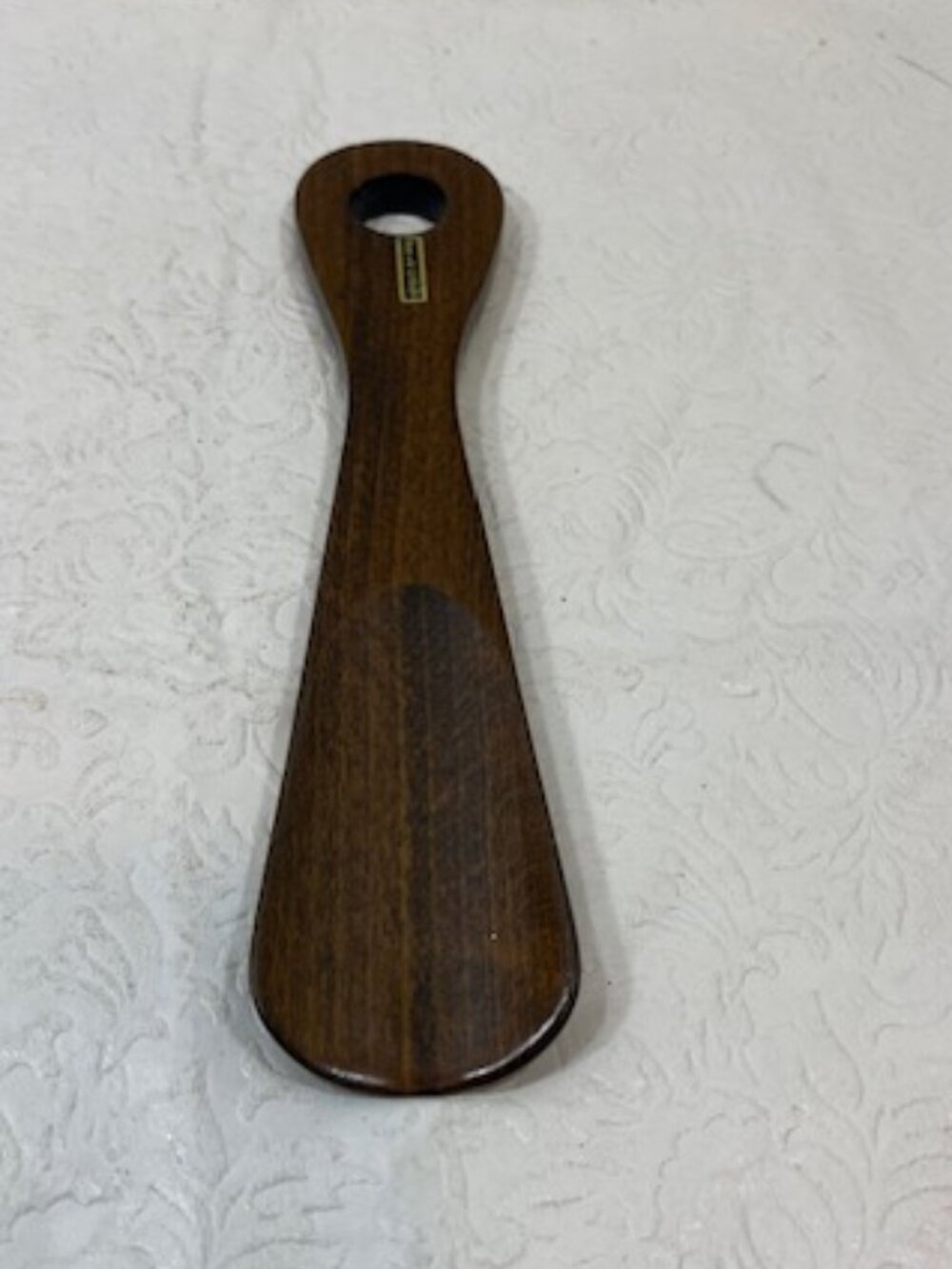 VTG Handcrafted Wooden Shoe Horn Smooth Walnut Finish Hanging Hole 8" W. Germany